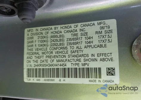 2019 Honda Cr-V Lx z USA, uszkodzony, nr VIN 2HKRW5H34KH414454